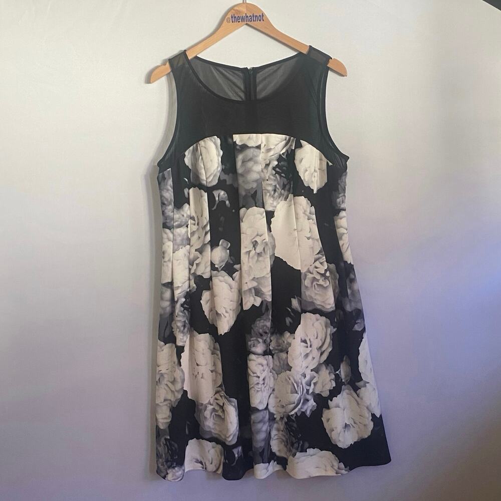 Calvin Klein Floral Mesh Yoke Shift Dress Black White 16 Corporate Cocktail - Picture 8 of 17